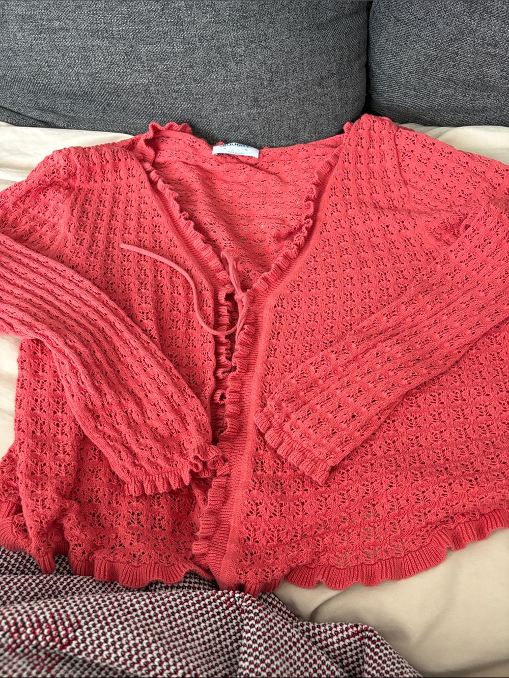 Old Navy Coral Tie-Front Eyelet Cardigan with Ruffle Trim